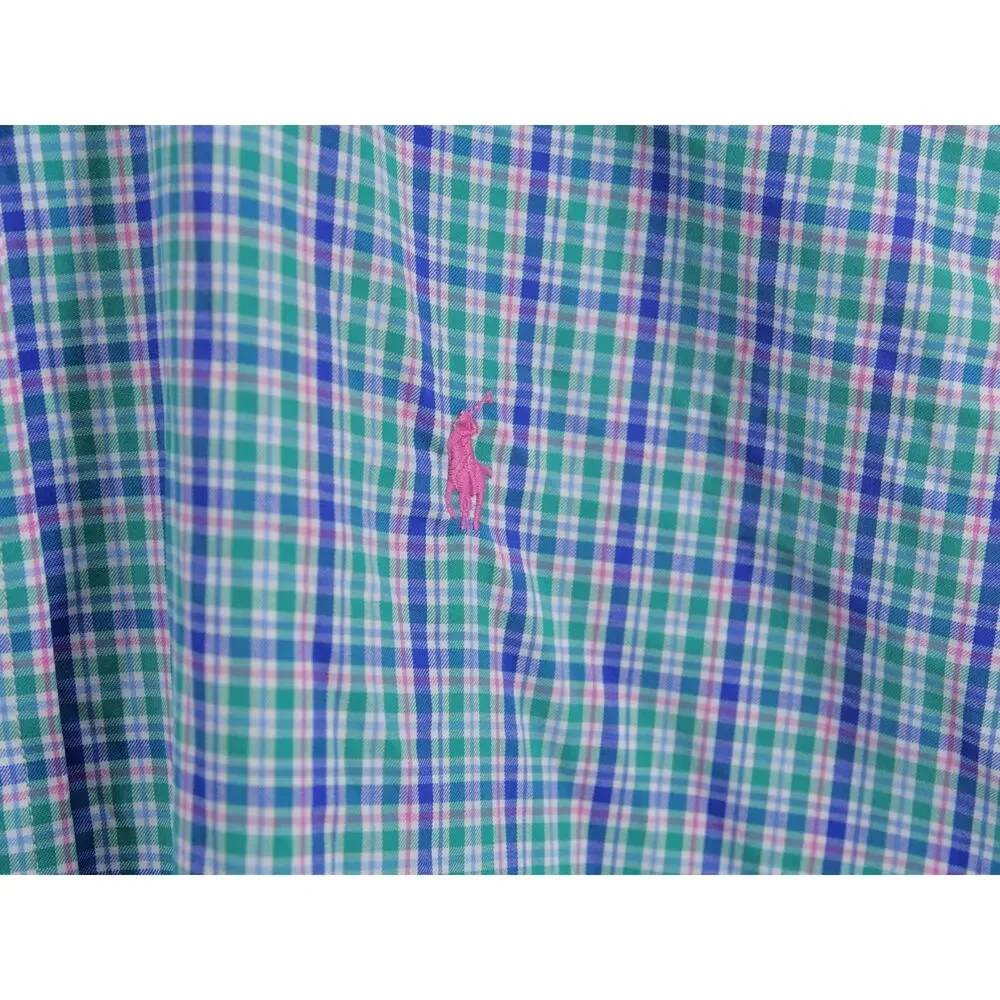 Polo Ralph Lauren Men Large Tall Blue Green Plaid Performance Casual Button Up